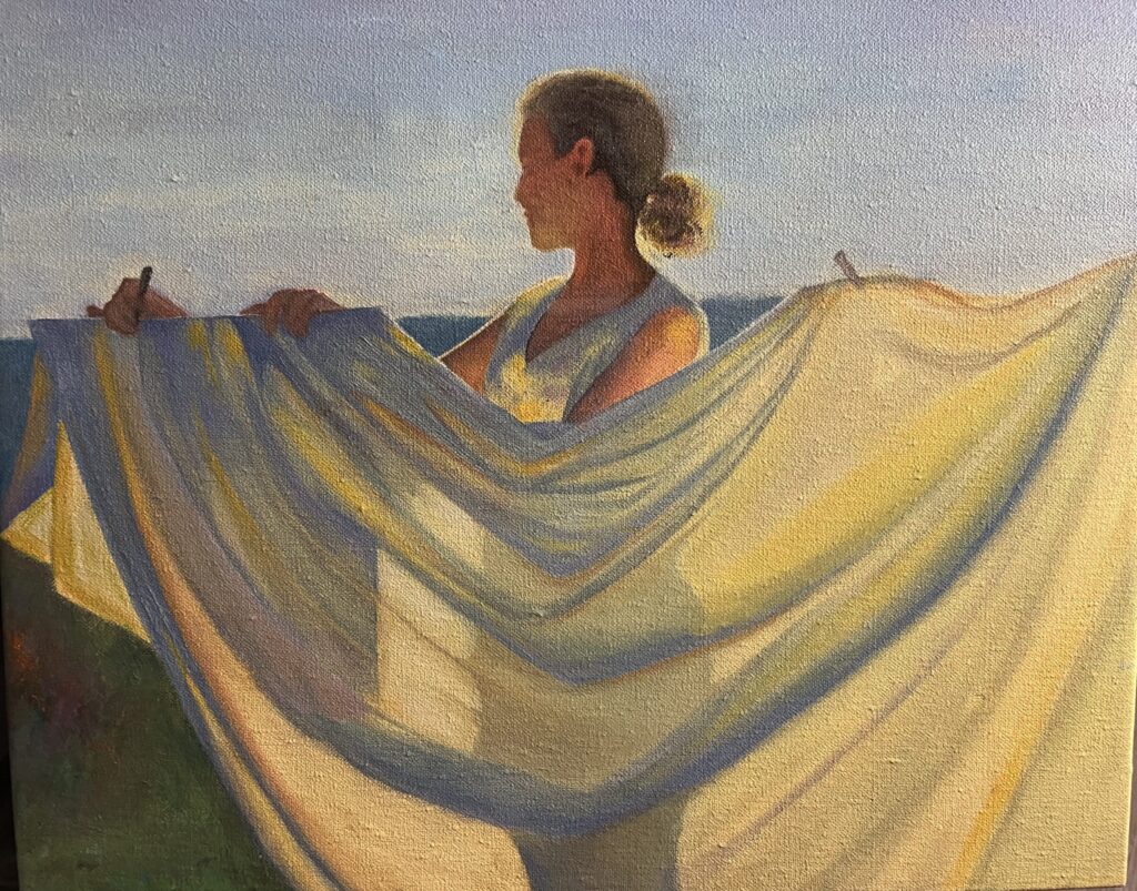 cuadro de una mujer tendiendo una sábana con una luz bonita, hecho por una chica joven en escuela de arte