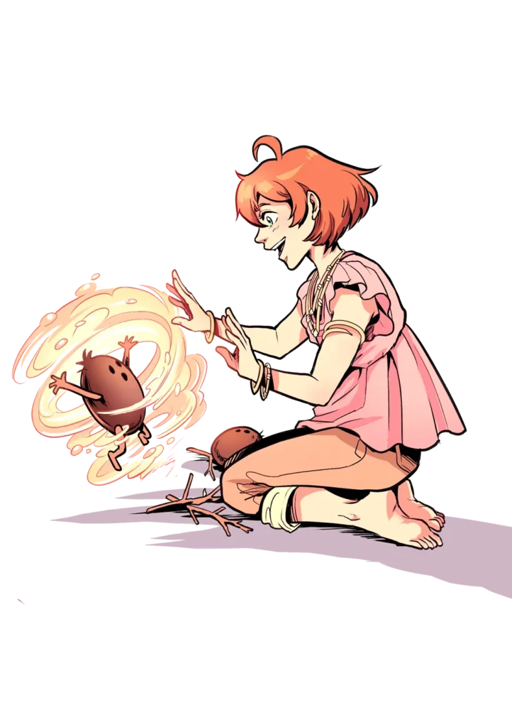 Ilustración digital de una chica pelirroja con un coco animado y un halo mágico.