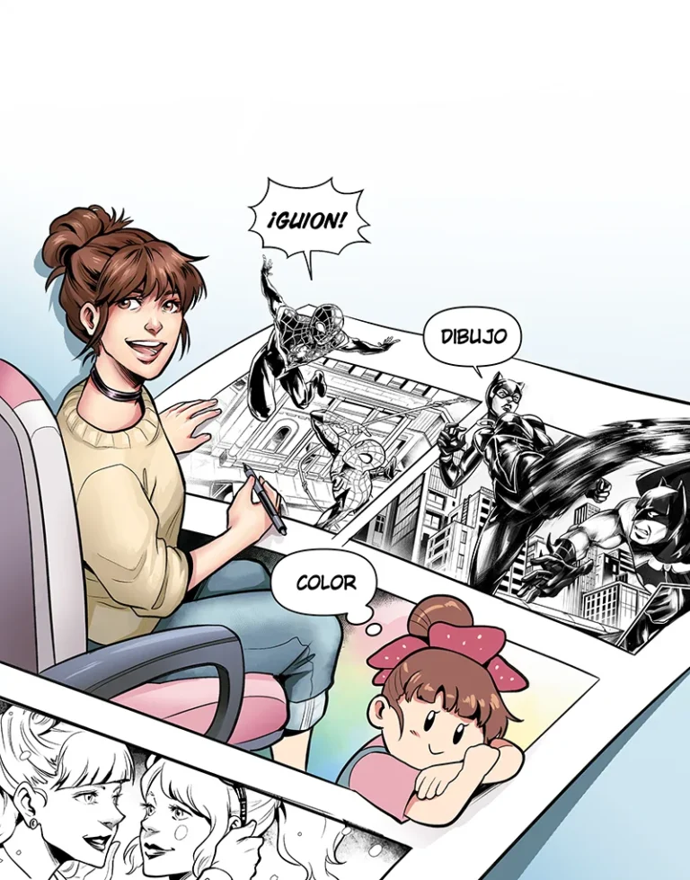 Ilustración digital en la que aparece una chica sobre una viñeta de cómic donde aparecen diferentes personajes en blanco y negro y a color. De los personajes salen diferentes cuadros de bocadillos con texto: ¡Guion!, ¡Dibujo! y ¡Color!
