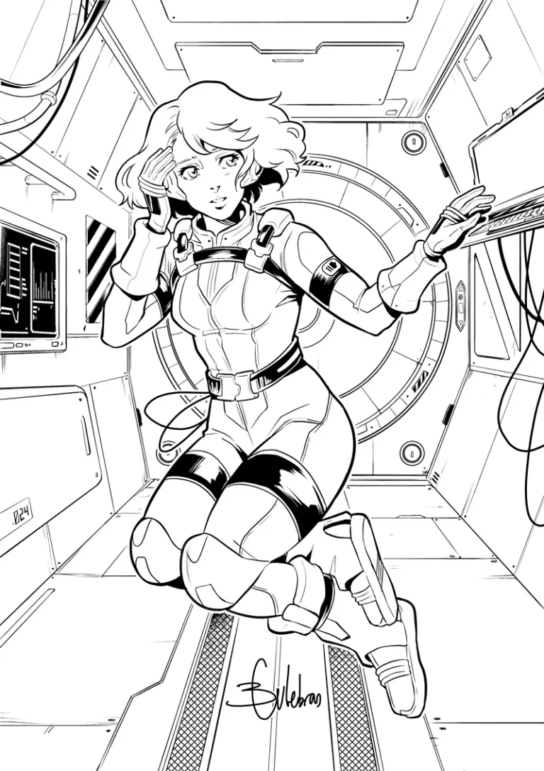 Dibujo digital en blanco y negro de una mujer astronauta en una nave espacial.
